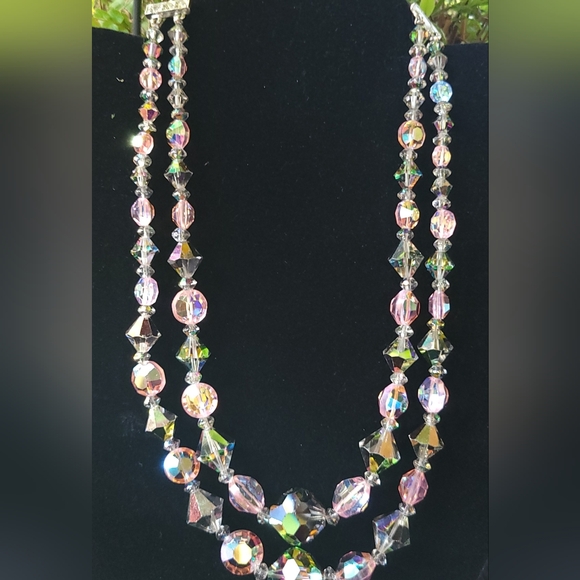 Vintage 50s/60s Double Strand Aurora Borealis Crystal Necklace - Picture 2 of 7